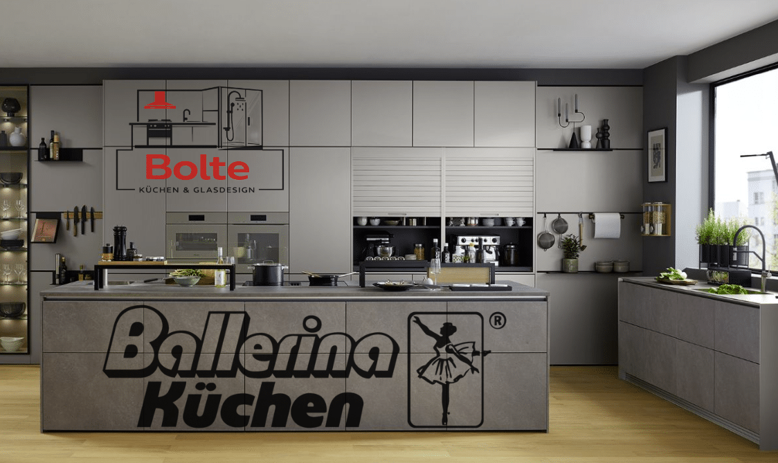 Moderne Ballerina Einbauküche mit grifflosen Fronten in edlem Grauton und großer Kochinsel