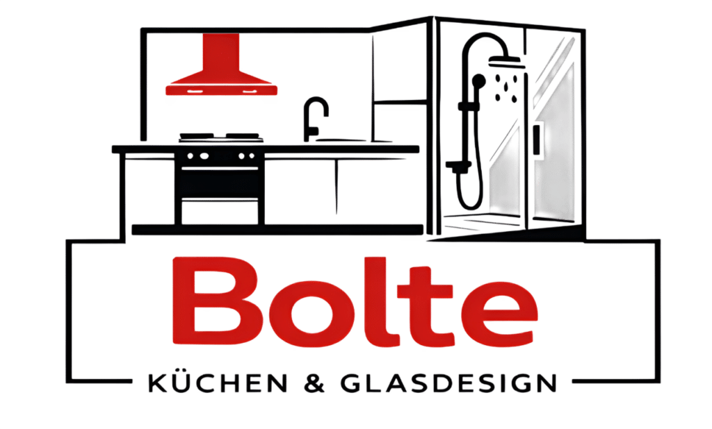 Logo Bolte Küchen & Glasdesign mit Küchen- und Dusch-Illustration in Rot-Weiß