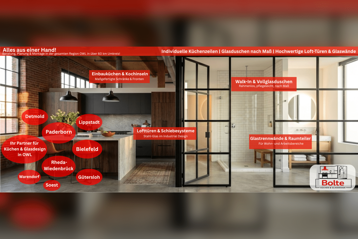 Screenshot von Bolte Küchen und Glasdesign Website mit regionaler Standortkarte und Leistungsübersicht