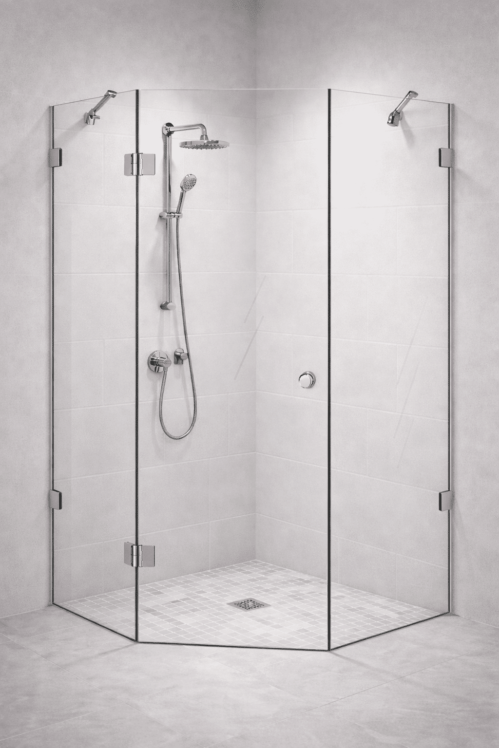 Rahmenlose Fünfeckdusche aus Echtglas mit Chrombeschlägen