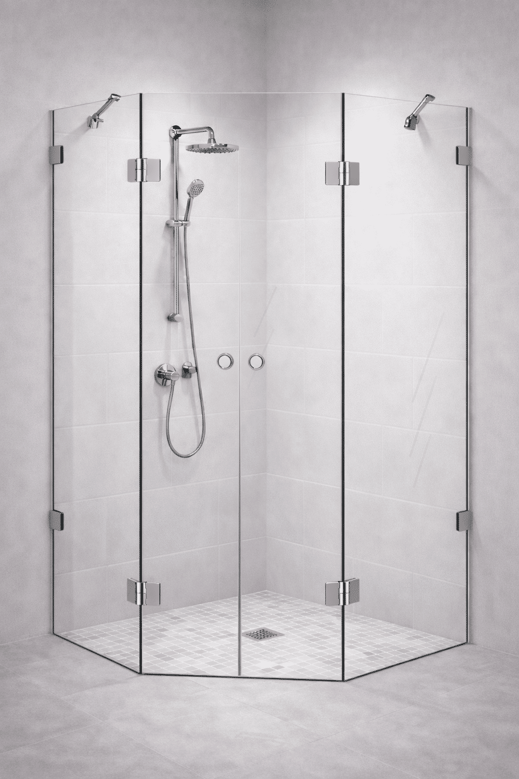 Großzügige Fünfeckdusche mit Festteilen und Chrombeschlägen in hellem Badezimmer