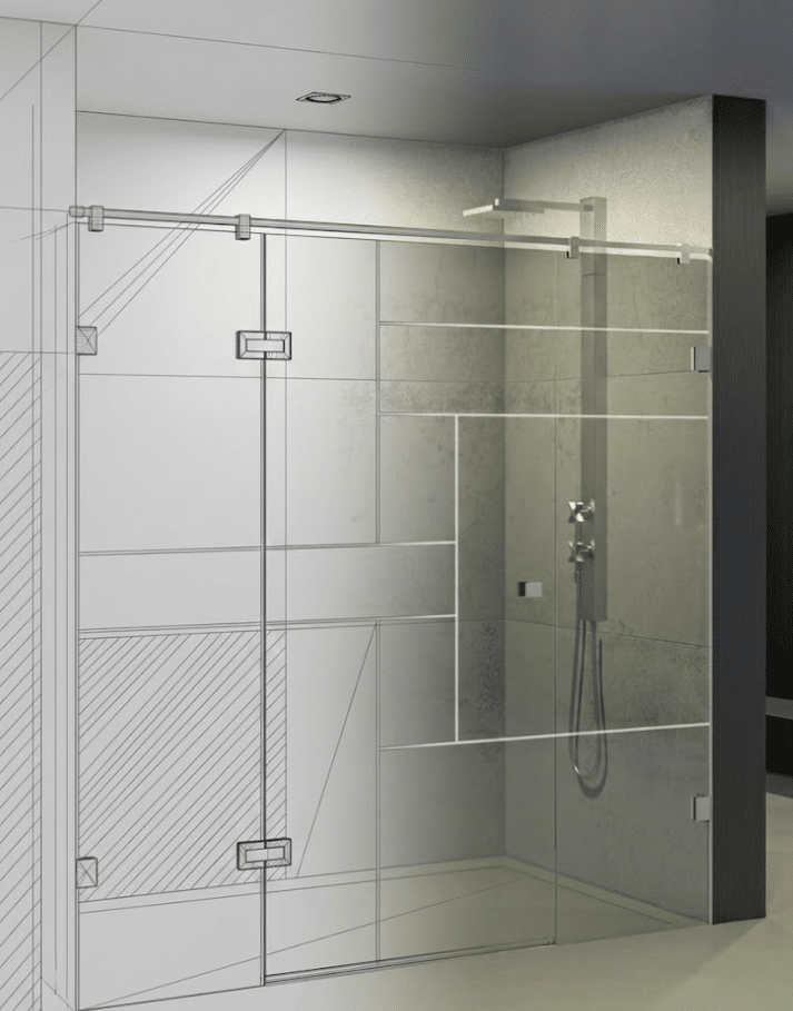 Eckdusche aus Echtglas mit satiniertem Streifendekor und Scharniertür