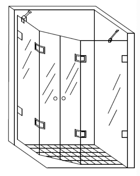 Konzeptzeichnung einer großen Fünfeckdusche mit zusätzlichen Festteilen