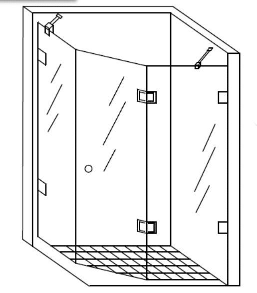  Konzeptzeichnung einer Fünfeckdusche mit zwei abgewinkelten Türflügeln