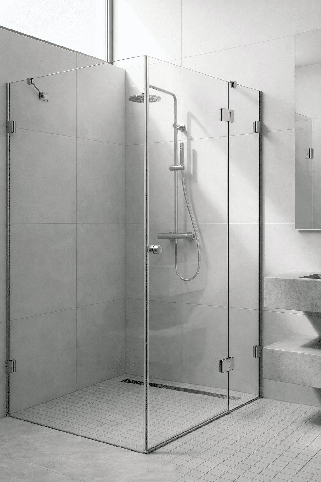 Rahmenlose Nischendusche mit Glastür und modernem Duschsystem in hellem Bad