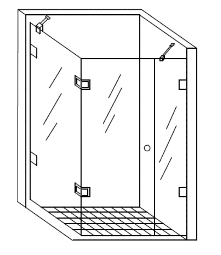 Technische Zeichnung einer Eckdusche mit Drehtür und Maßlinien