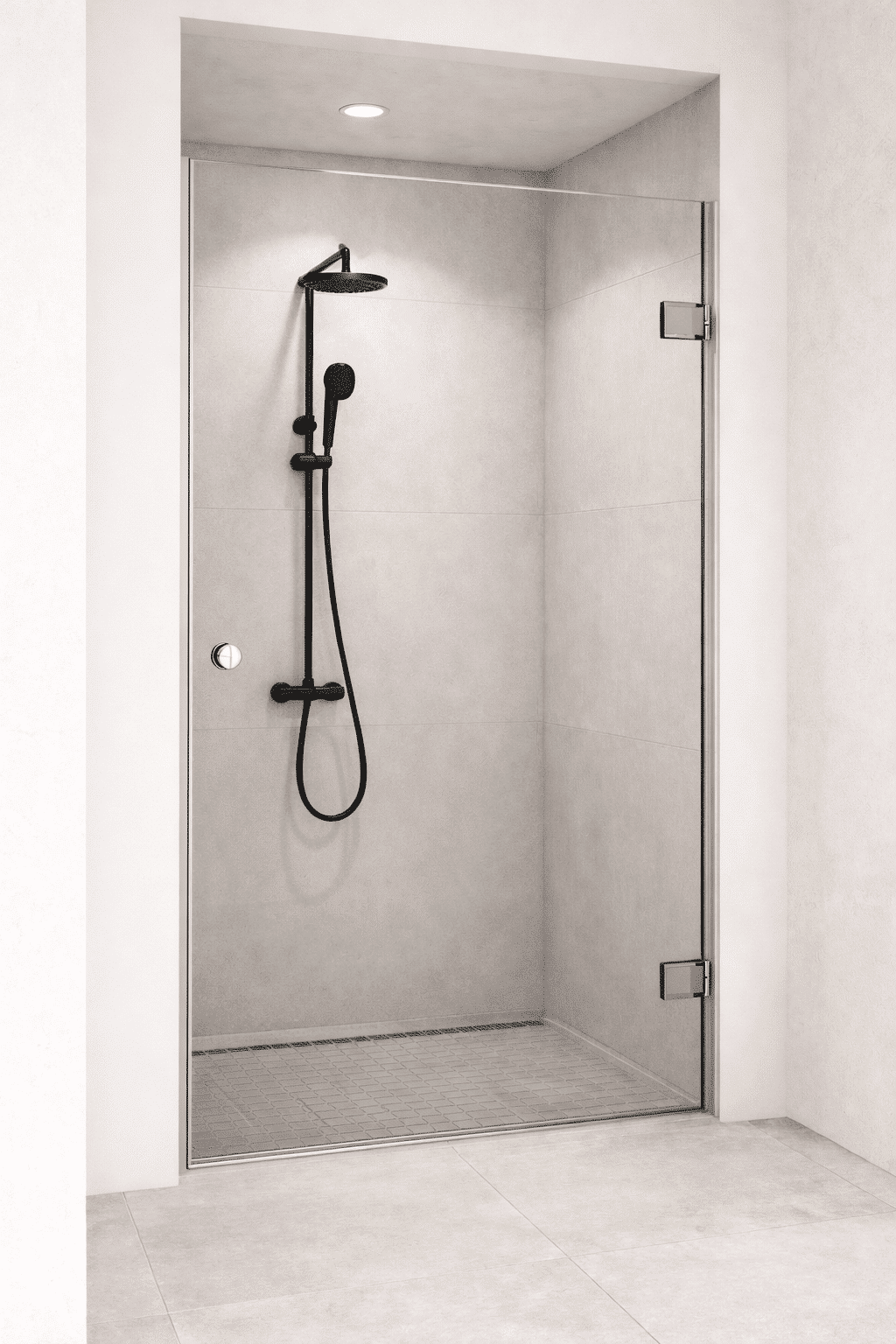 Maßgefertigte Nischendusche mit Drehtür und schwarzen Beschlägen in hellem Bad