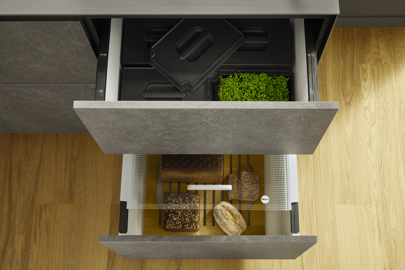 Geöffnete gelbe Küchenschublade mit sortierten Gläsern und Vorräten und systemen.