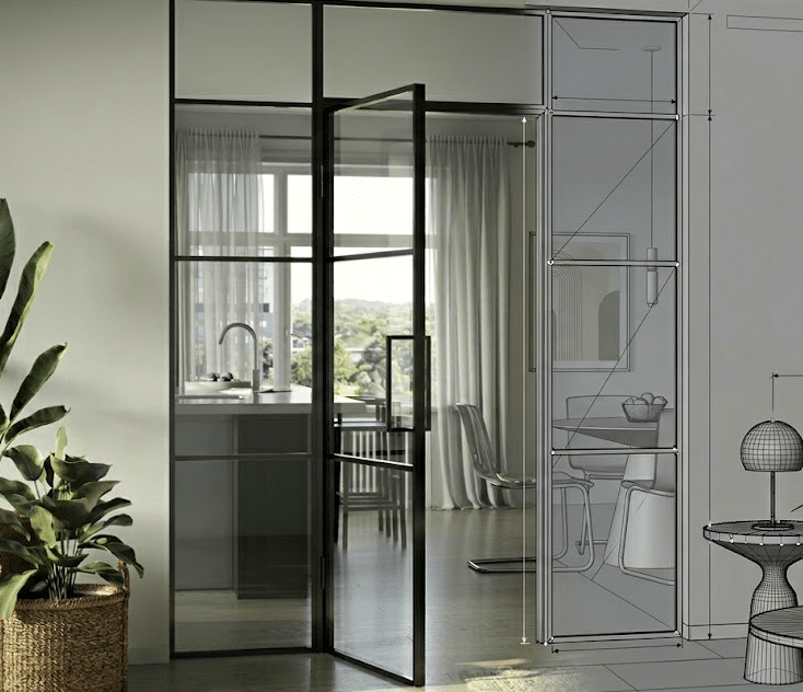 Schwarze Stahl-Glas-Trennwand als Raumteiler in modernem Wohnbereich