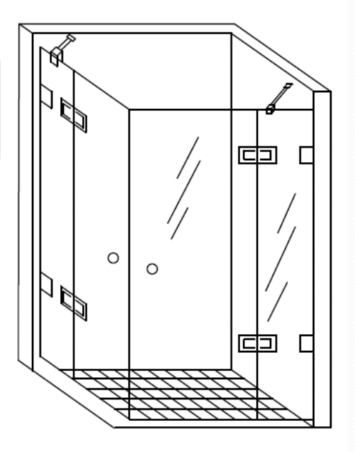 Konzeptzeichnung einer großzügigen Eck-Nischendusche mit mehreren Glaselementen