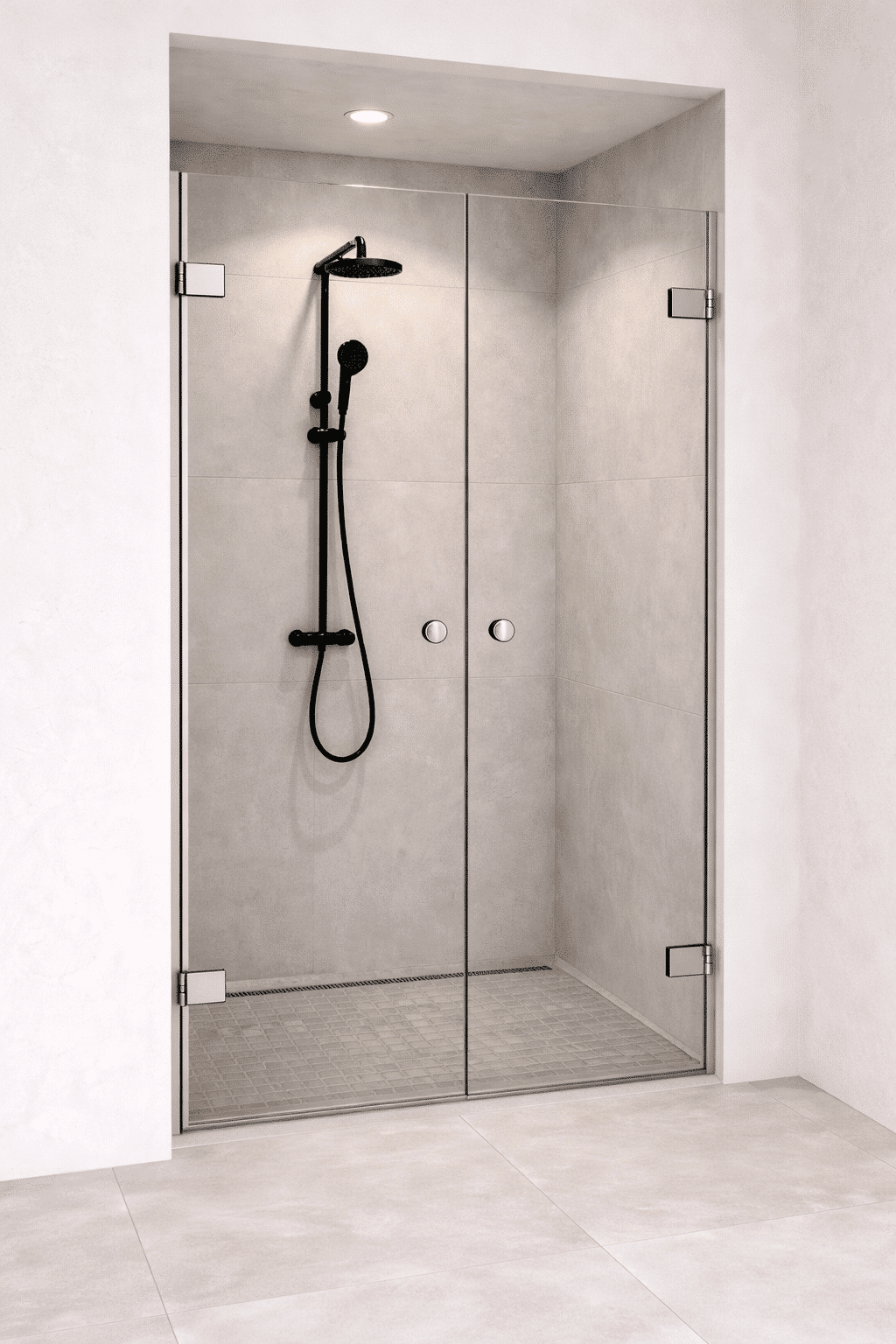 Nischendusche mit Doppelflügeltür aus rahmenlosem Echtglas und schwarzen Beschlägen