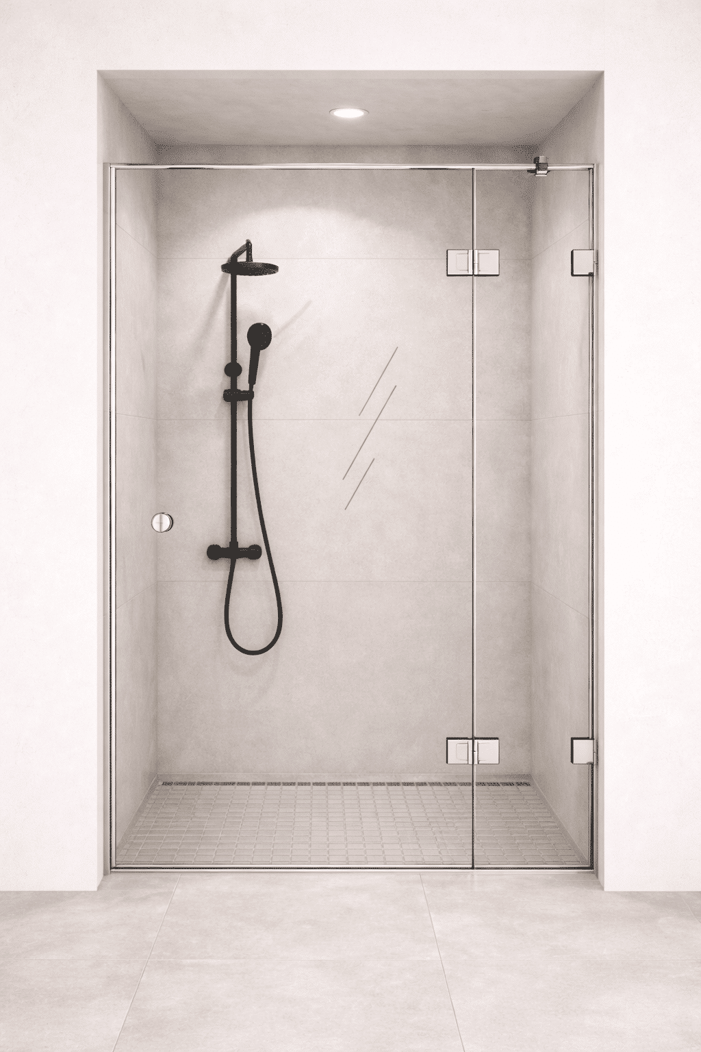 Vollglasdusche mit Oberlicht und festem Seitenteil in großer Nische