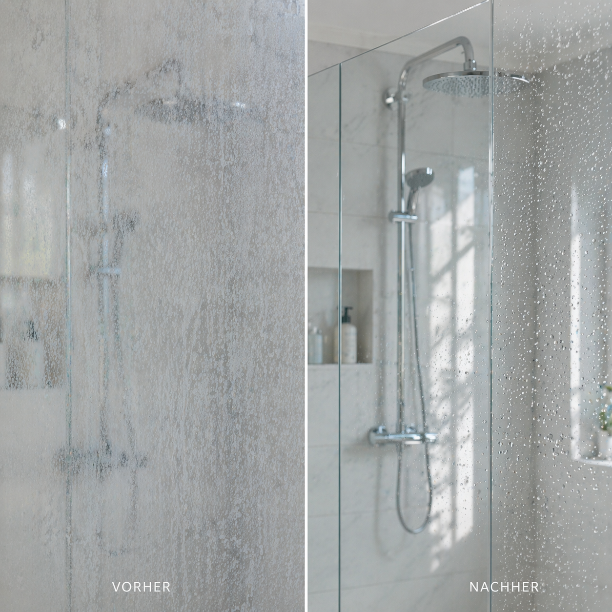 Glasdusche vorher nachher Vergleich: links verkalkte milchige Glaswand, rechts saubere klare Glasdusche mit Wassertropfen nach der Reinigung