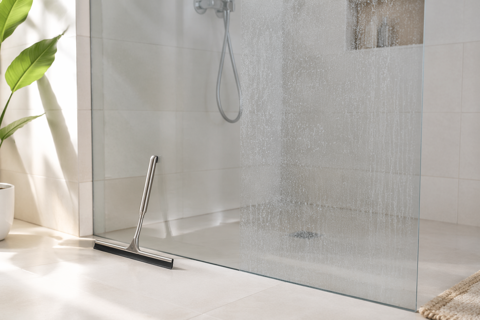 Verkalkte Walk-In Glasdusche mit Wasserflecken und Edelstahl-Abzieher in einem hellen modernen Badezimmer