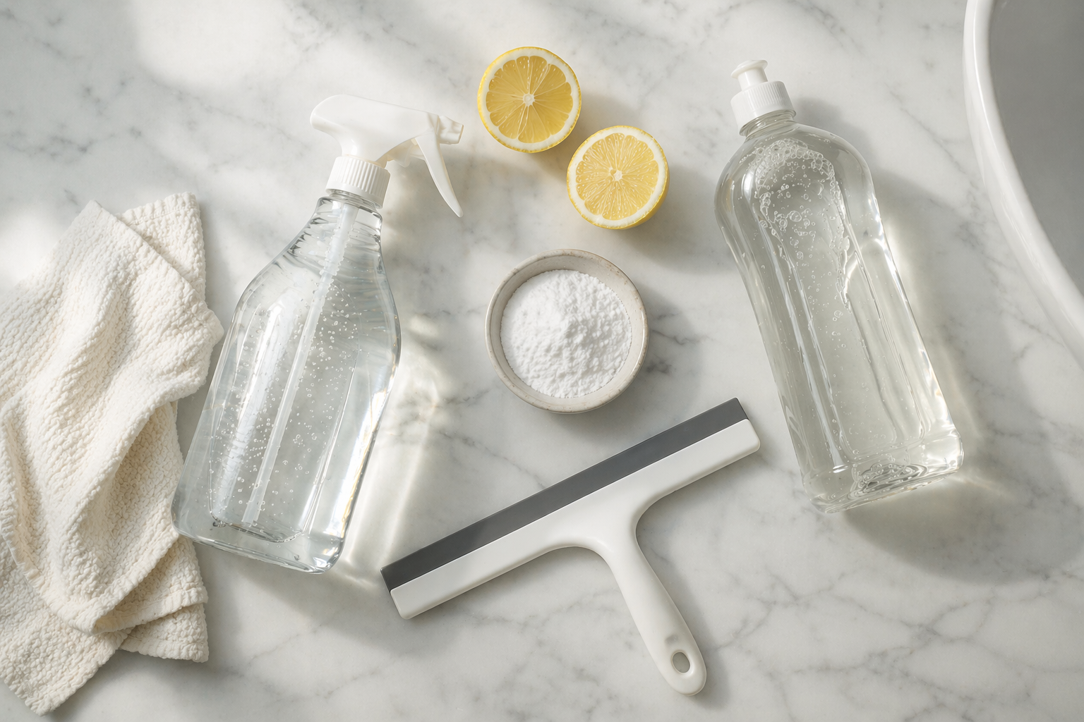 Hausmittel zur Glasduschen-Reinigung: Sprühflasche mit Essiglösung, aufgeschnittene Zitrone, Zitronensäure-Pulver, Klarspüler, Abzieher und weiches Baumwolltuch auf Marmoruntergrund