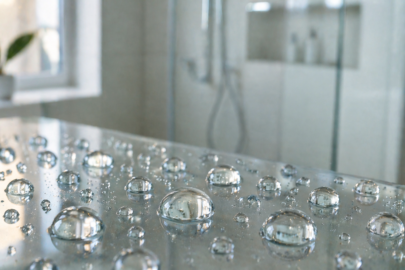 Nahaufnahme von kugelförmigen Wassertropfen auf einer nano-versiegelten Glasdusche mit sichtbarem Abperleffekt
