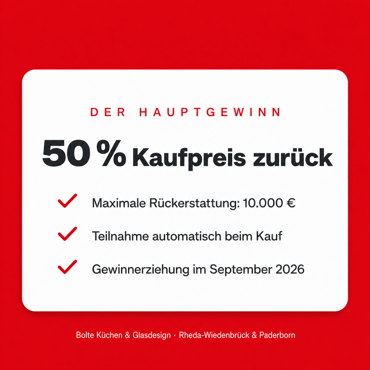 Bolte Aktion Traumküche 2026 – Hauptgewinn 50 Prozent Kaufpreis zurück, maximale Rückerstattung 10.000 Euro, Gewinnerziehung September 2026